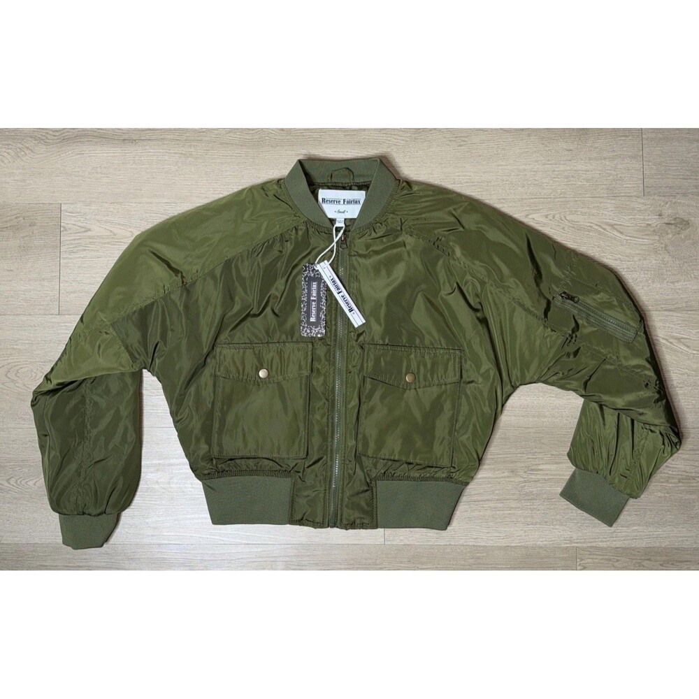 NWT Reserve Fairfax Olive Green Satin Bomber Jacket Womens Size Small S Full Zip